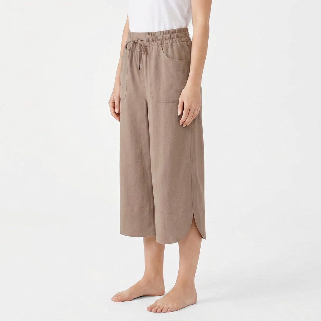 Wide Leg Cropped Pants - High Waisted Drawstring