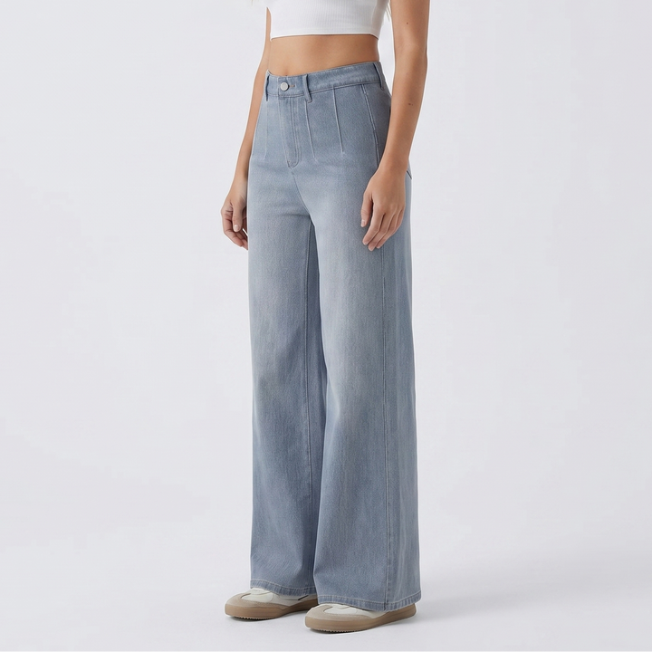 Wide Leg Jeans - High Waisted Pintuck Trouser