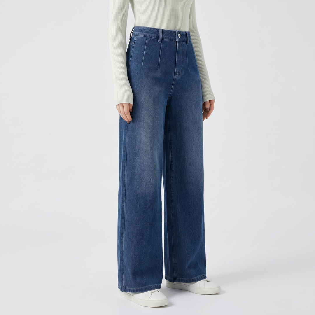 Wide Leg Jeans - High Waisted Pintuck Trouser