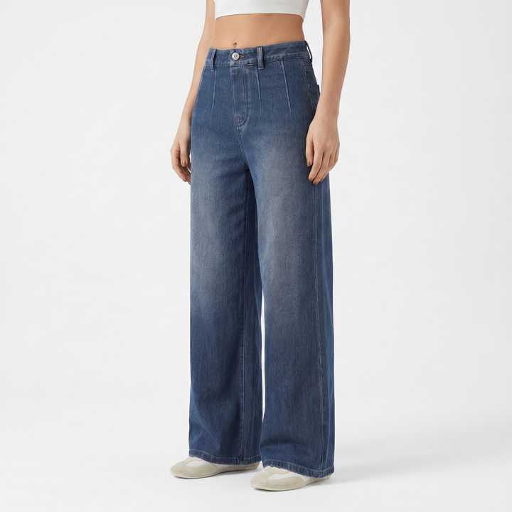 Wide Leg Jeans - High Waisted Pintuck Trouser