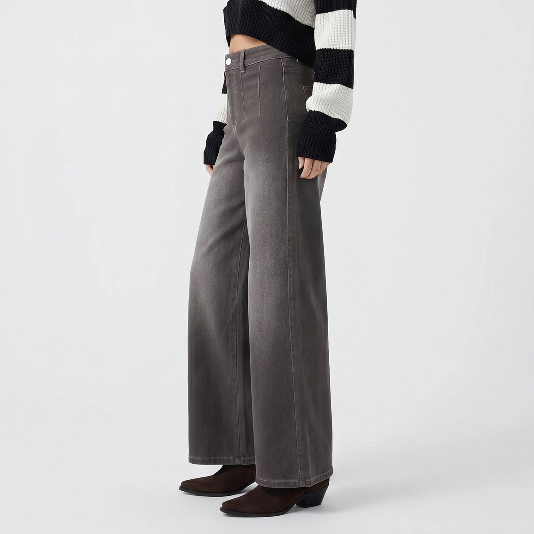 Wide Leg Jeans - High Waisted Pintuck Trouser