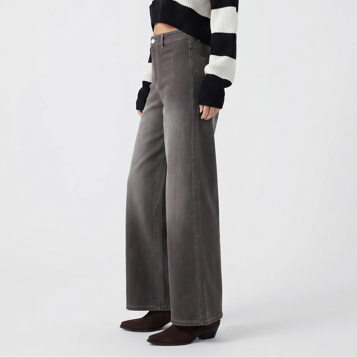Wide Leg Jeans - High Waisted Pintuck Trouser