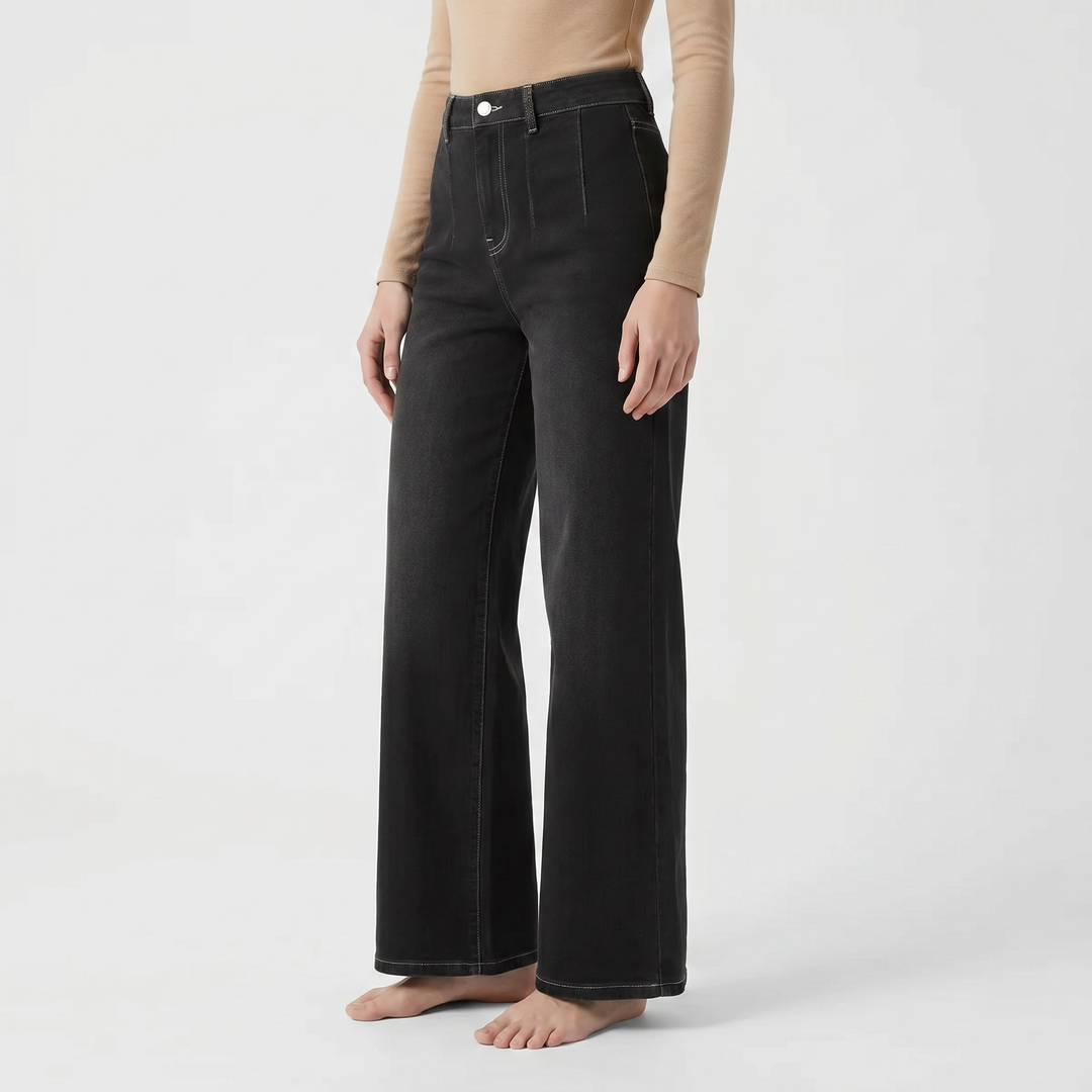 Wide Leg Jeans - High Waisted Pintuck Trouser