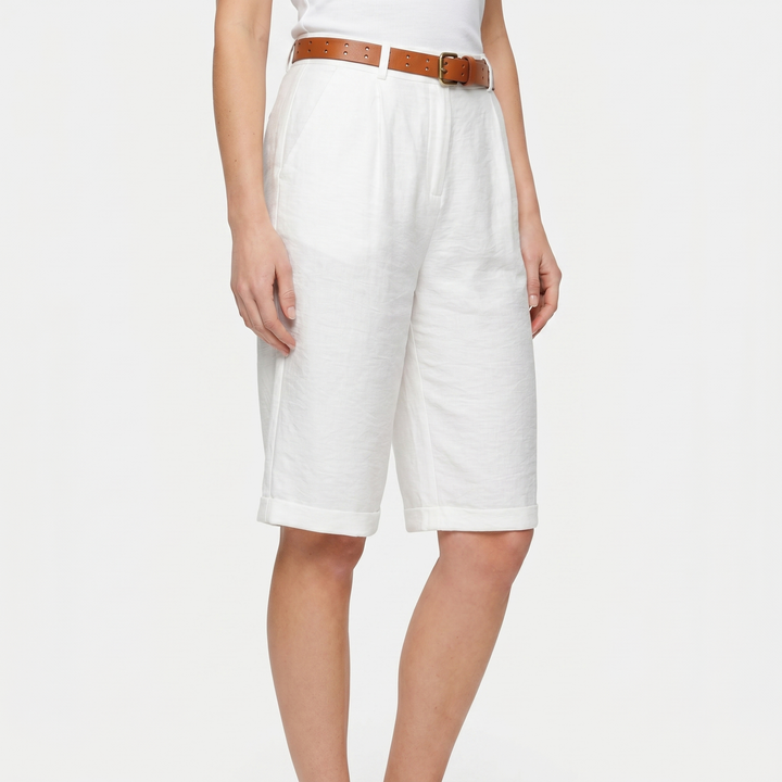 Linen Shorts - High Waisted Pleated Bermuda