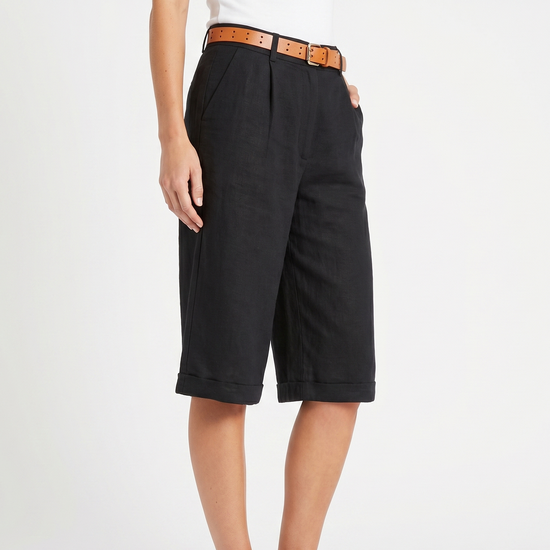 Linen Shorts - High Waisted Pleated Bermuda