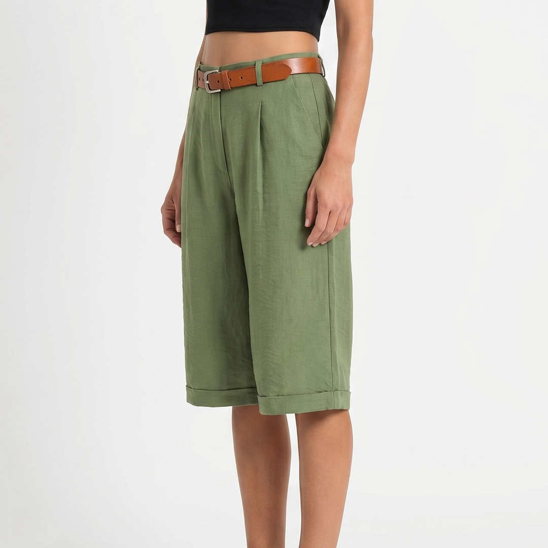 Linen Shorts - High Waisted Pleated Bermuda