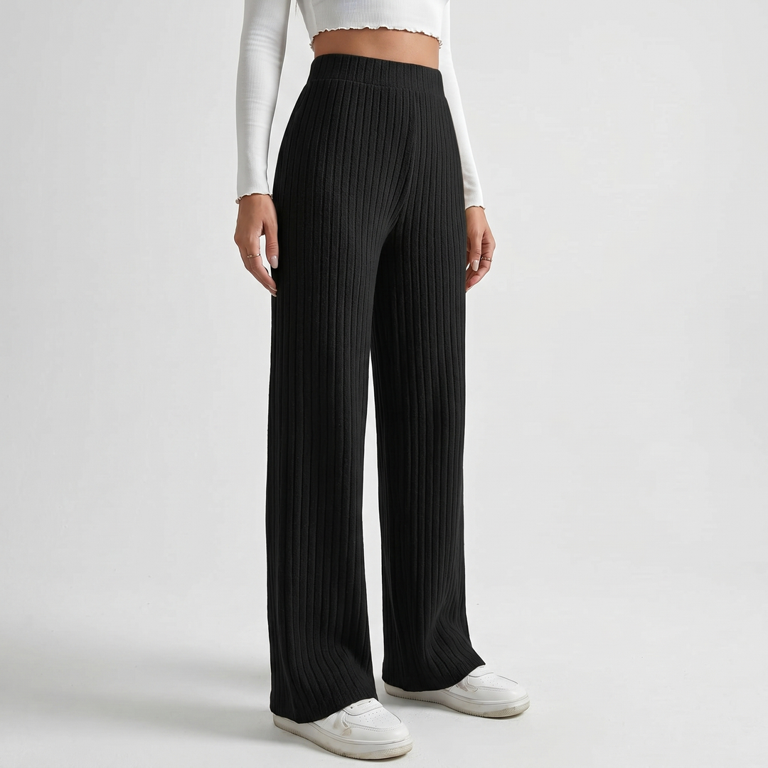Wide Leg Pants - Ribbed Knit High Waisted Lounge