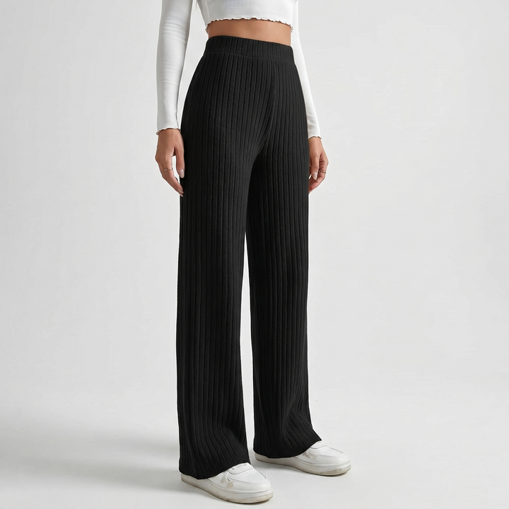 Wide Leg Pants - Ribbed Knit High Waisted Lounge