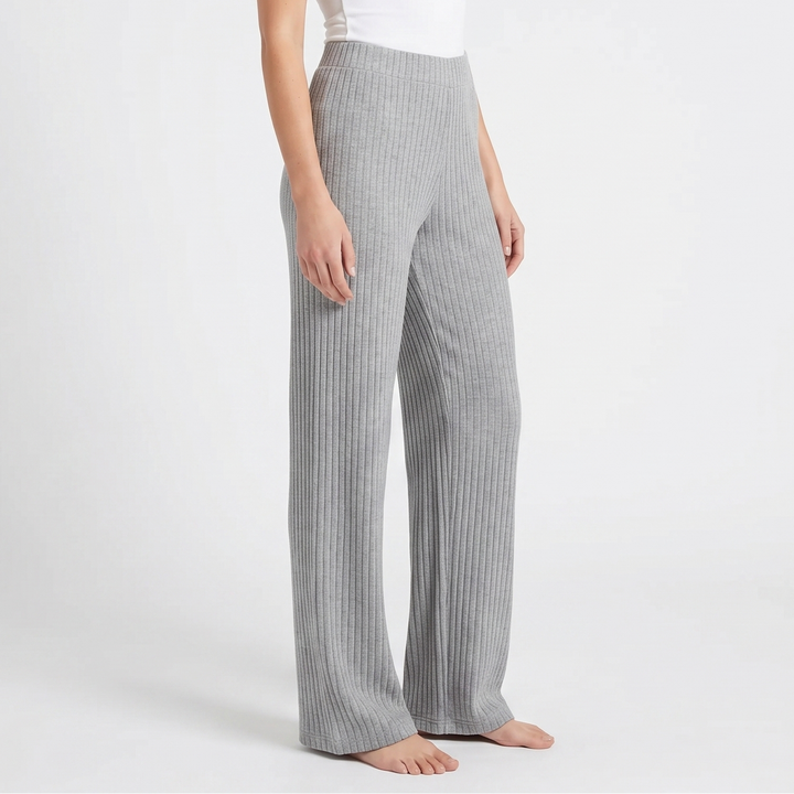 Wide Leg Pants - Ribbed Knit High Waisted Lounge