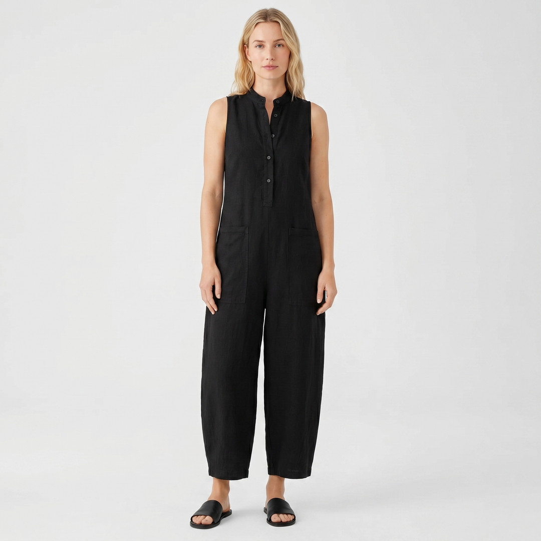 Linen Jumpsuit - Sleeveless Button Down Wide Leg