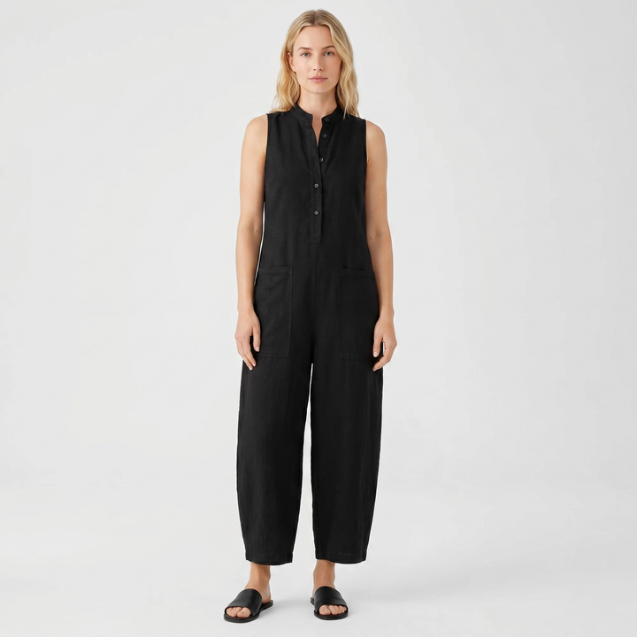 Linen Jumpsuit - Sleeveless Button Down Wide Leg