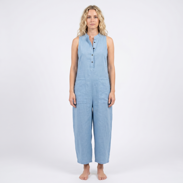 Linen Jumpsuit - Sleeveless Button Down Wide Leg