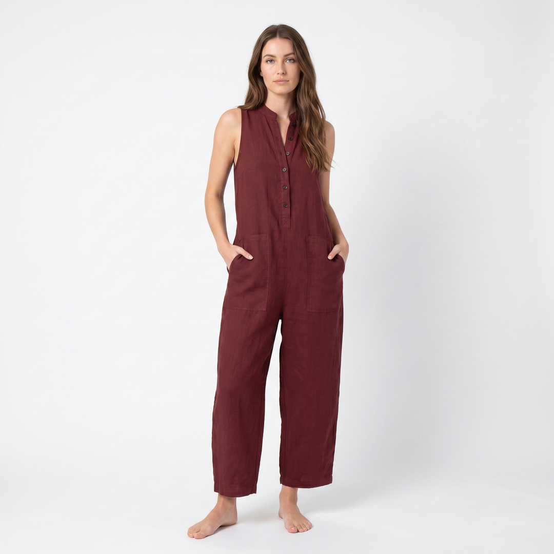 Linen Jumpsuit - Sleeveless Button Down Wide Leg