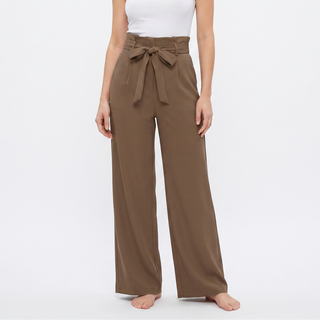 Wide Leg Trousers - High Waisted Bow Tie Front