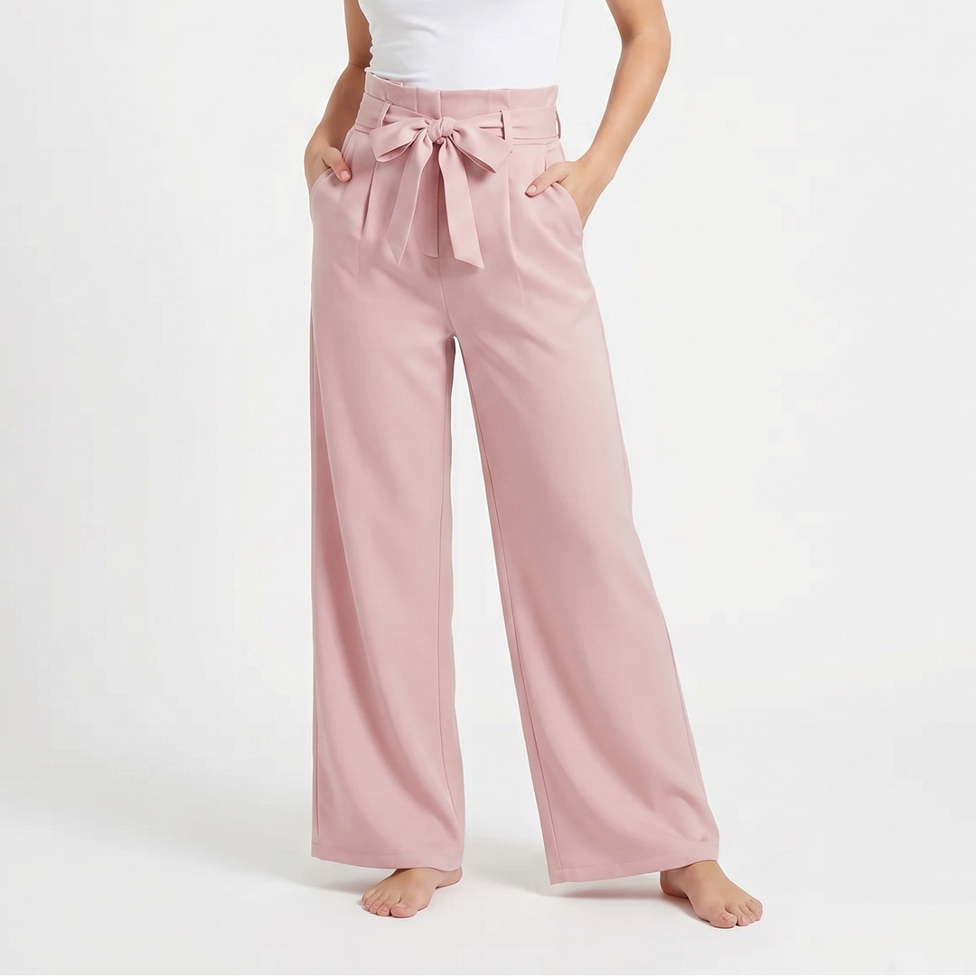 Wide Leg Trousers - High Waisted Bow Tie Front