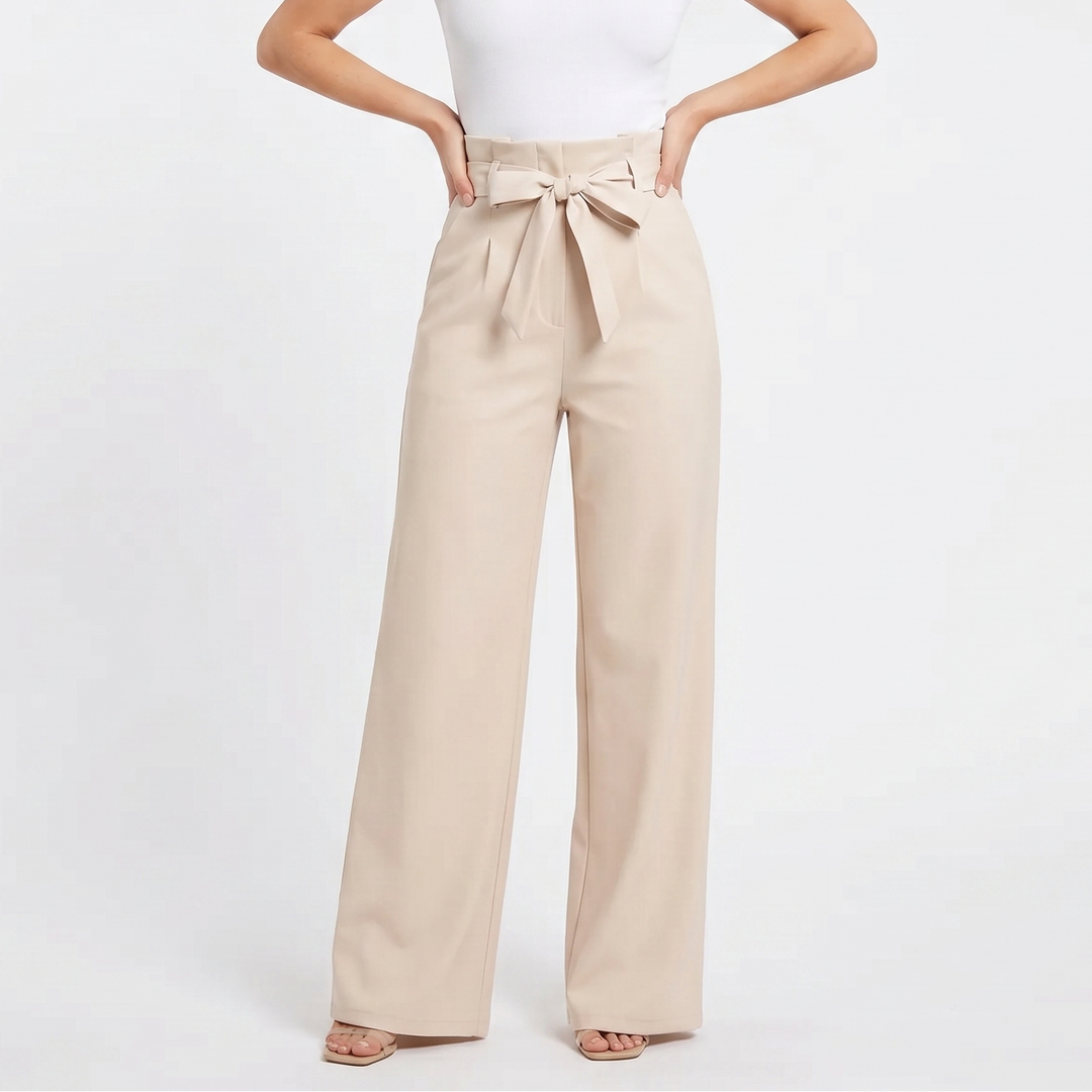 Wide Leg Trousers - High Waisted Bow Tie Front