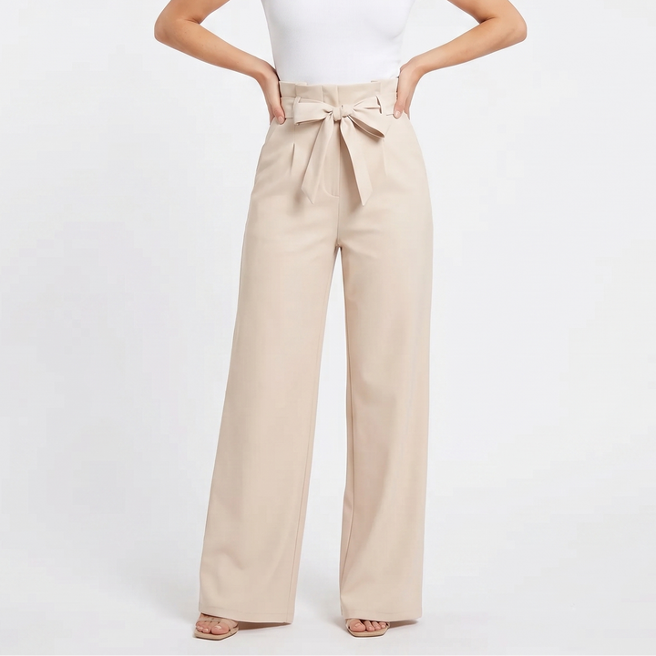 Wide Leg Trousers - High Waisted Bow Tie Front