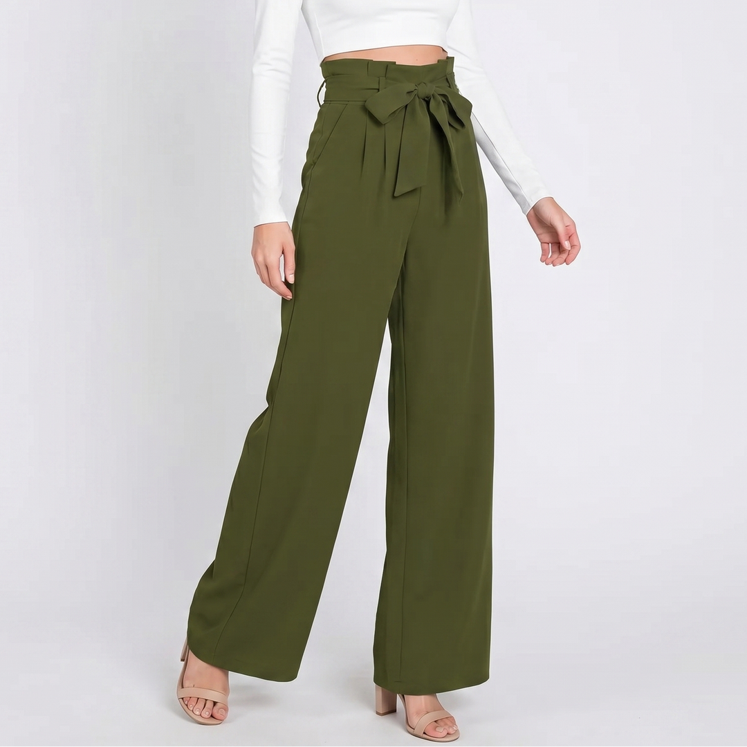 Wide Leg Trousers - High Waisted Bow Tie Front