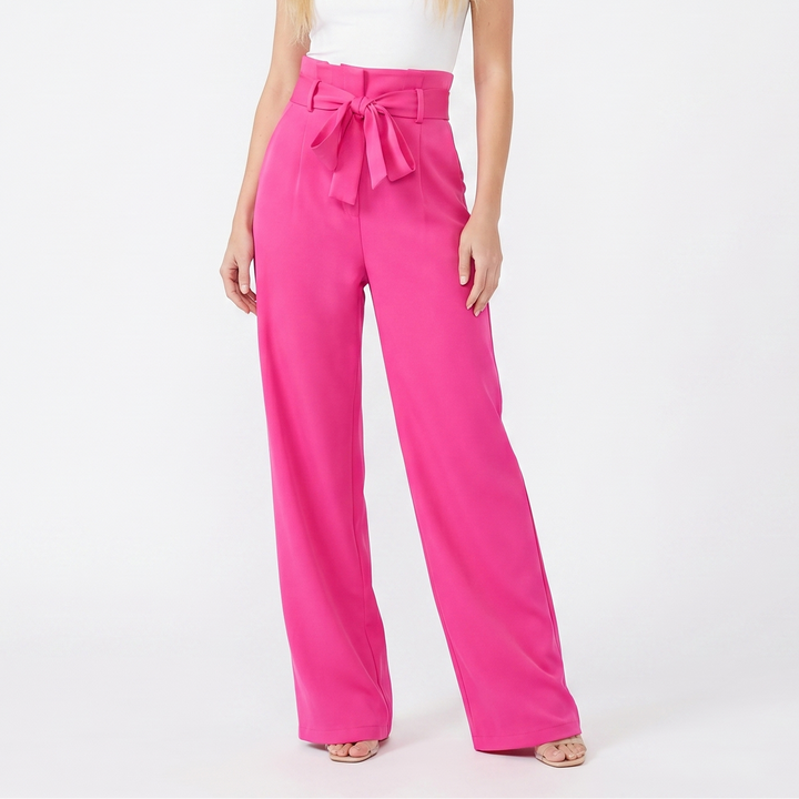 Wide Leg Trousers - High Waisted Bow Tie Front