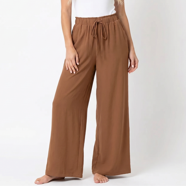 Wide Leg Beach Pants - High Waisted Drawstring Flowy