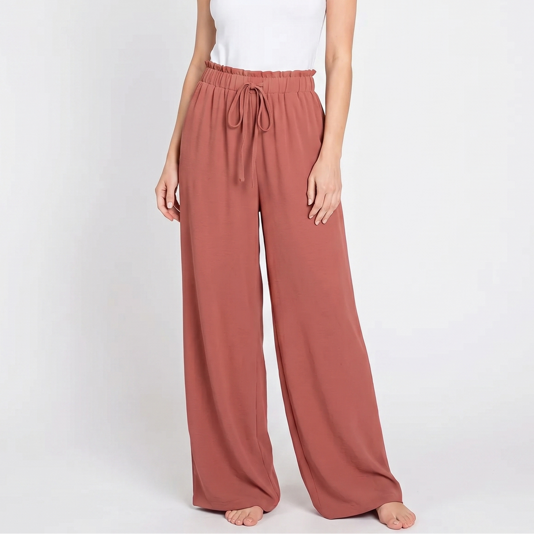 Wide Leg Beach Pants - High Waisted Drawstring Flowy