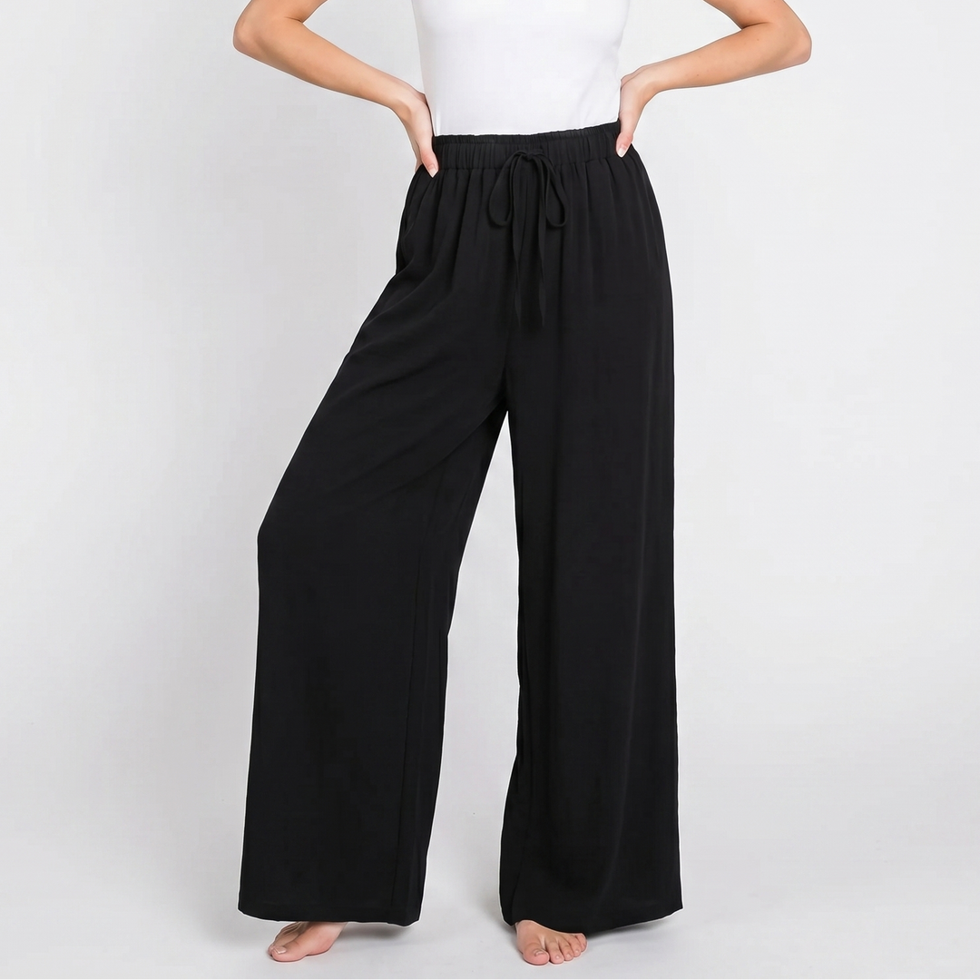 Wide Leg Beach Pants - High Waisted Drawstring Flowy