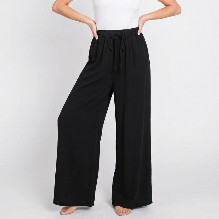 Wide Leg Beach Pants - High Waisted Drawstring Flowy