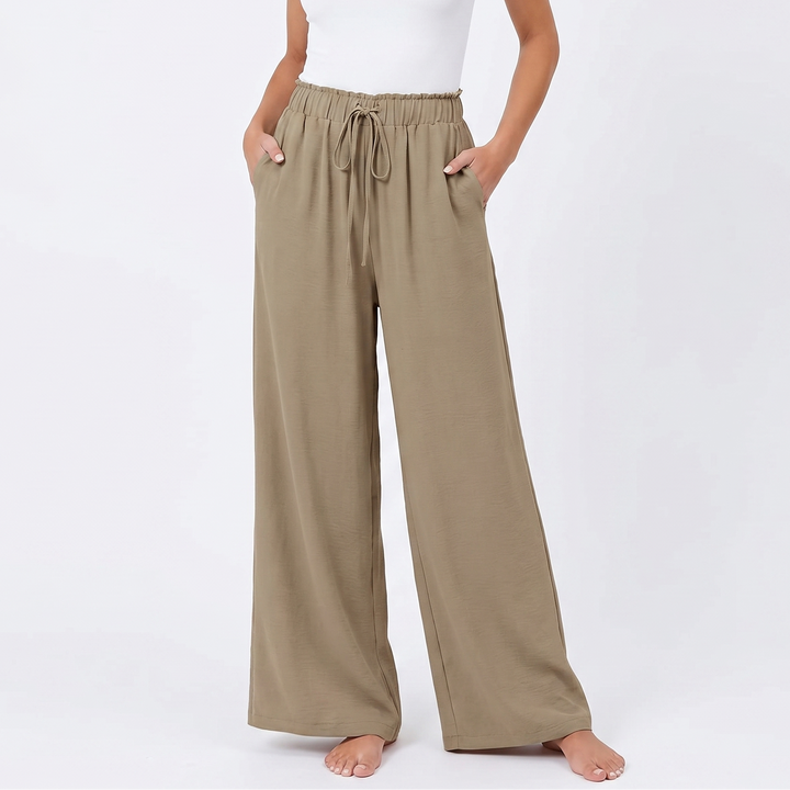 Wide Leg Beach Pants - High Waisted Drawstring Flowy