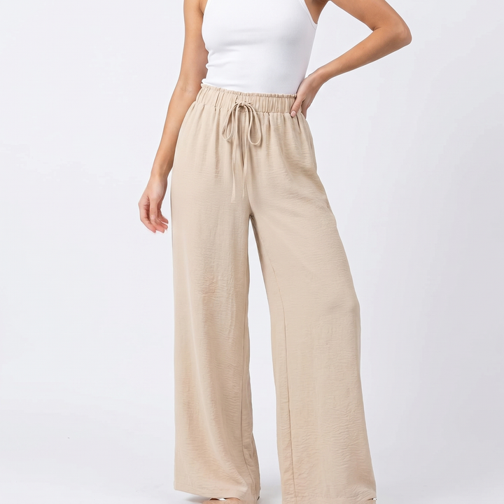 Wide Leg Beach Pants - High Waisted Drawstring Flowy