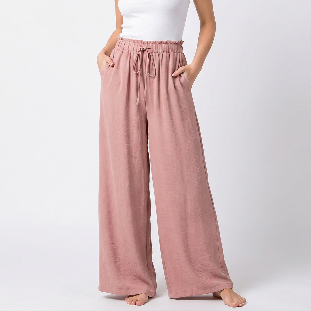 Wide Leg Beach Pants - High Waisted Drawstring Flowy