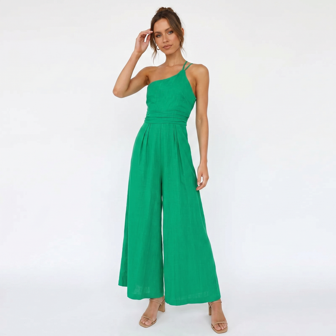 Linen Jumpsuit - One Shoulder Wide Leg Vacation