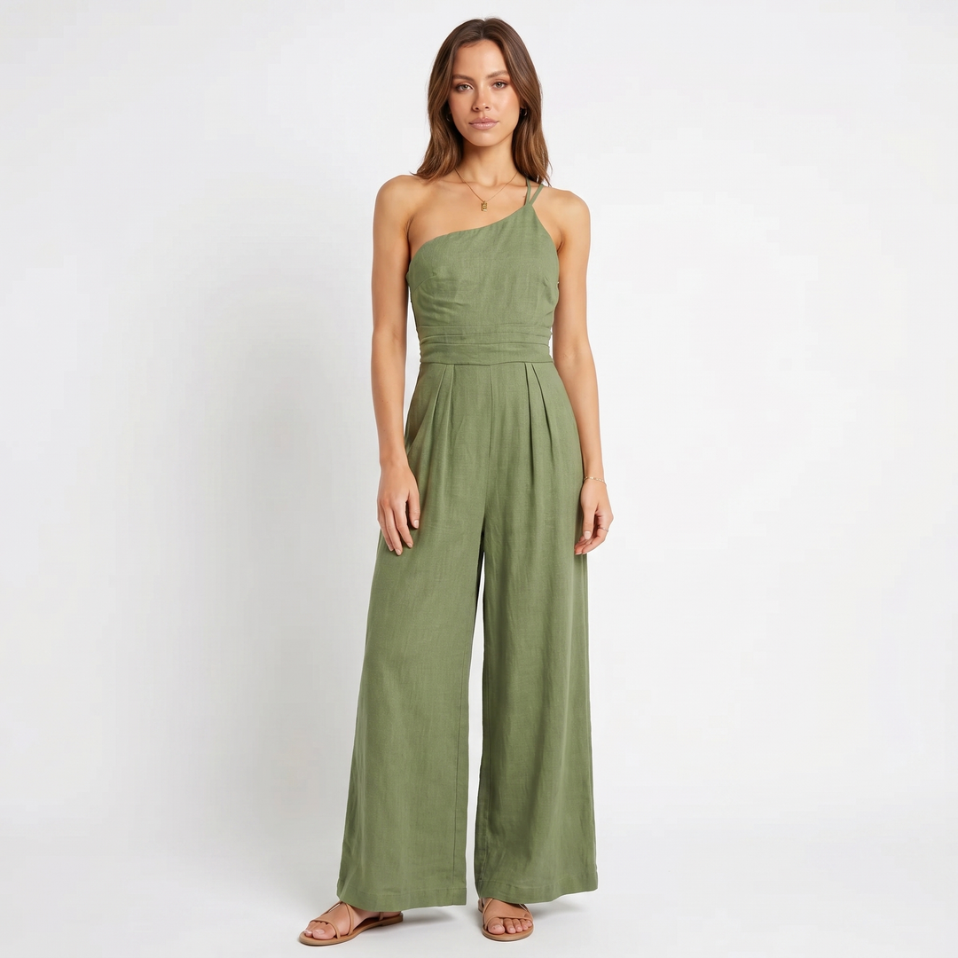 Linen Jumpsuit - One Shoulder Wide Leg Vacation