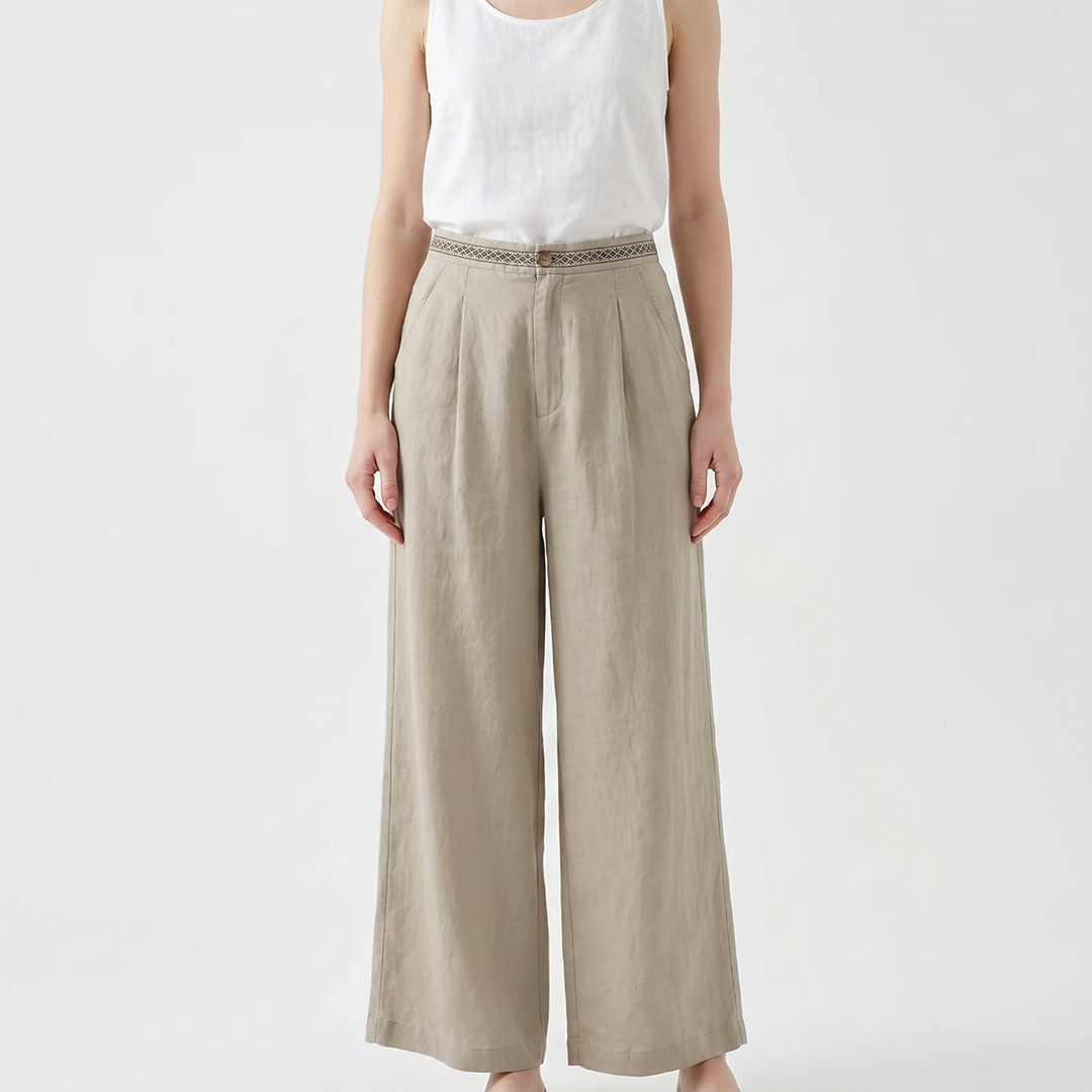 Linen Wide Leg Pants - High Waisted Pleated Cropped