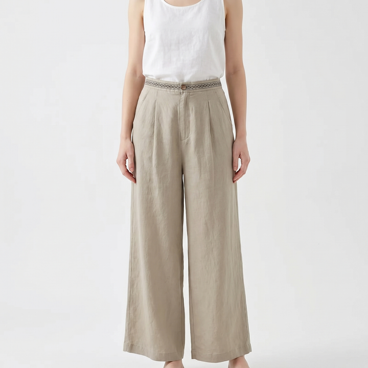 Linen Wide Leg Pants - High Waisted Pleated Cropped