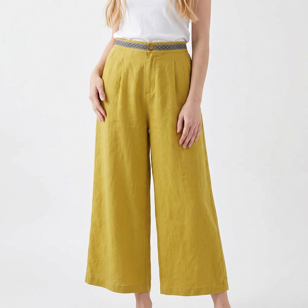 Linen Wide Leg Pants - High Waisted Pleated Cropped