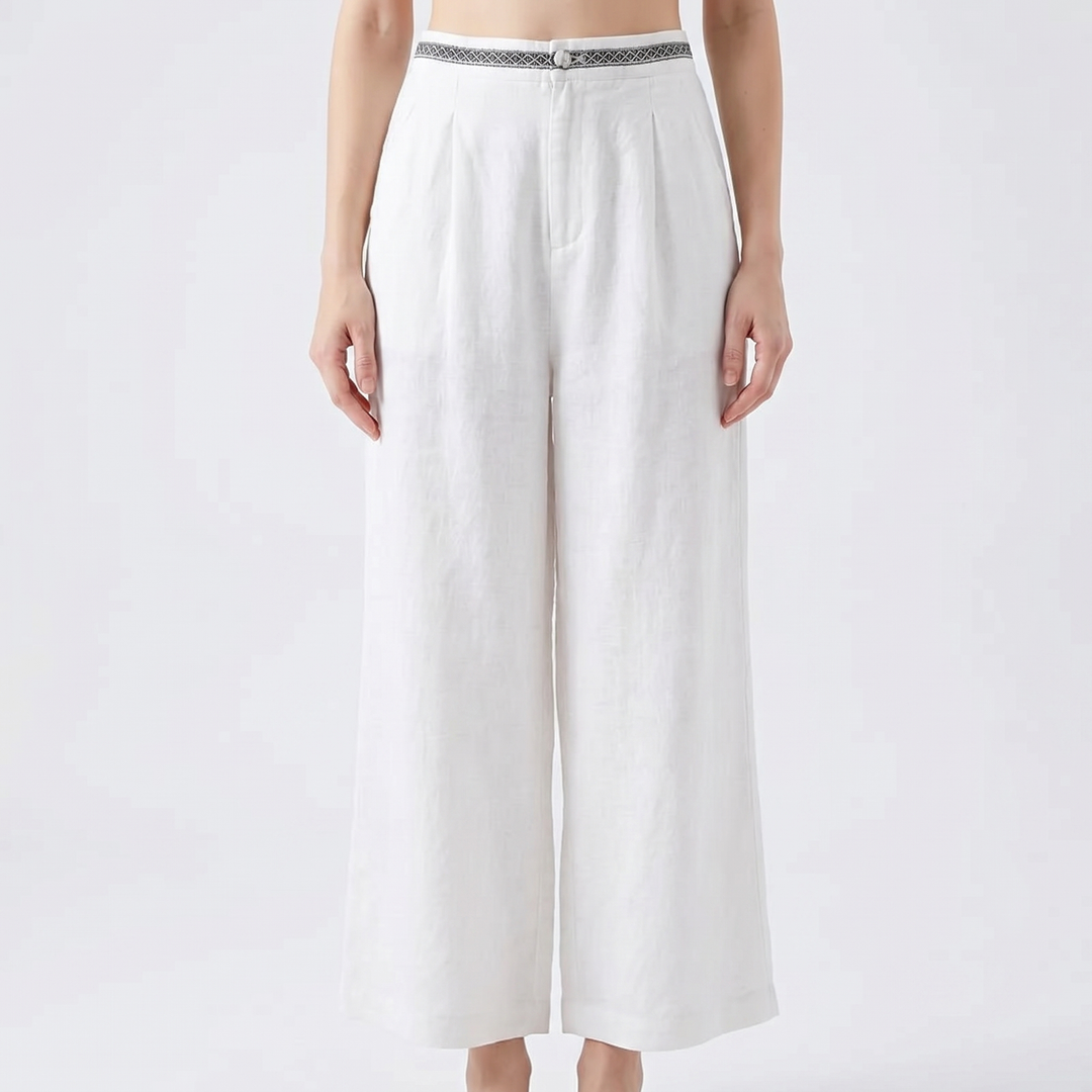 Linen Wide Leg Pants - High Waisted Pleated Cropped
