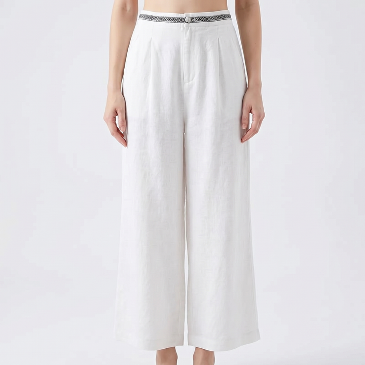 Linen Wide Leg Pants - High Waisted Pleated Cropped