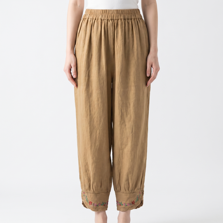 Linen Pants Women - Embroidered Cuff Tapered Boho