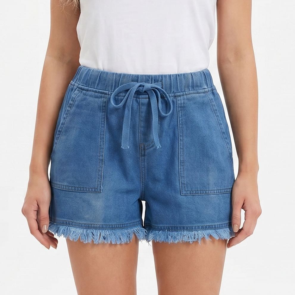 Denim Shorts - High Waisted Drawstring Frayed Hem