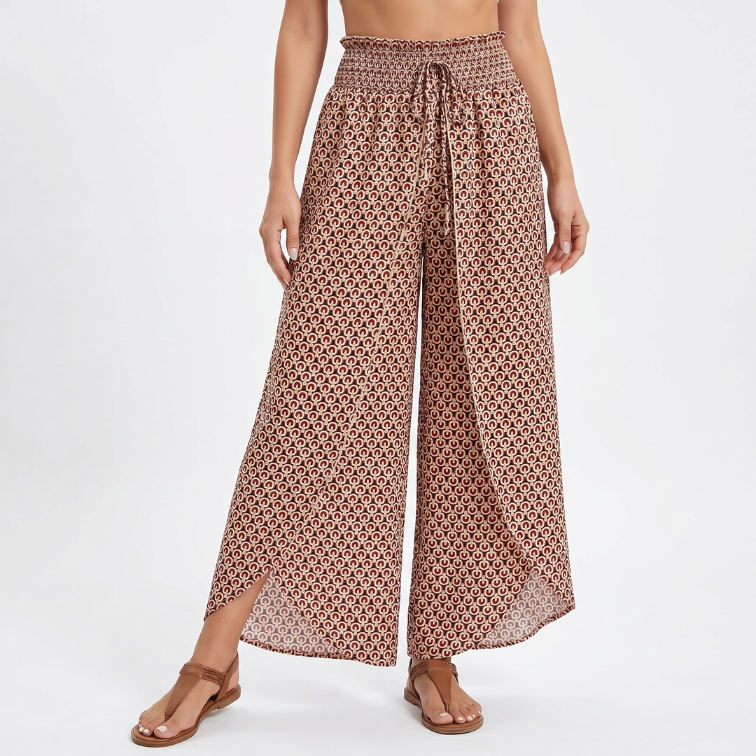 Wide Leg Pants - Smocked Waist Drawstring Boho