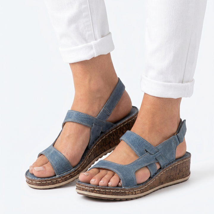Wedge Sandals - Open Toe T-Strap Cork Sole