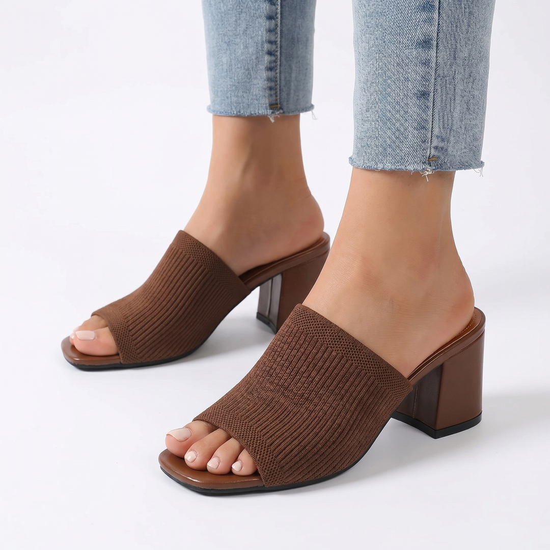 Block Heel Mules - Knit Open Toe Backless Slides