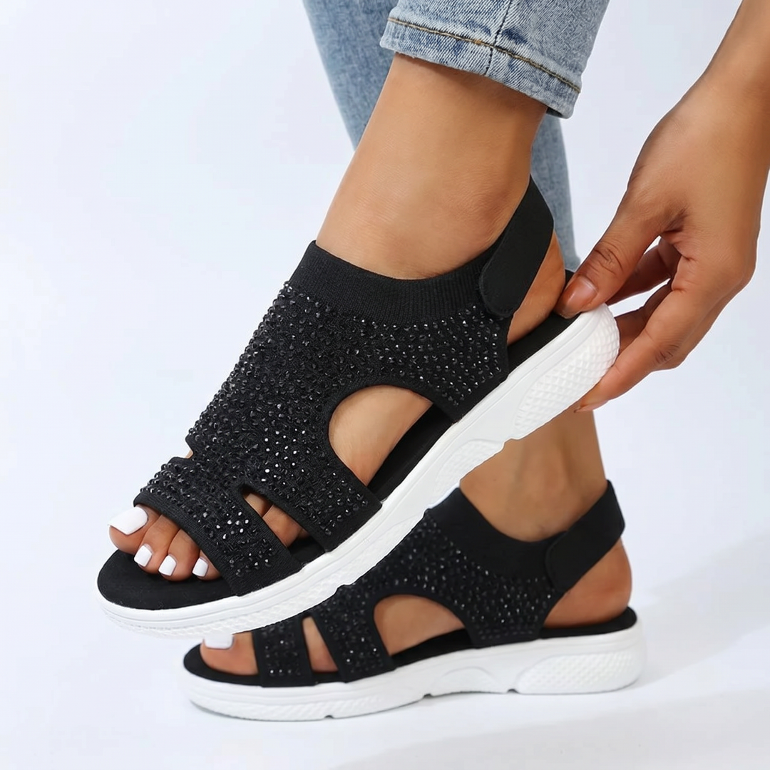 Platform Sandals - Rhinestone Stretch Knit Sport Sandals