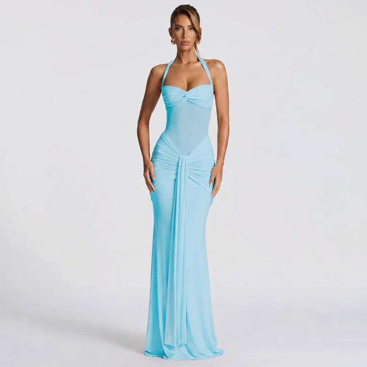 Halter Maxi Dress - Ruched Mesh Cut Out