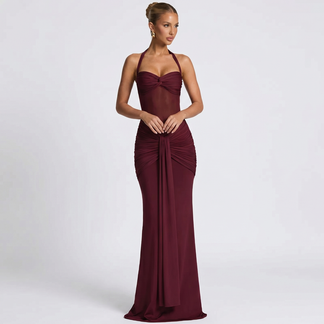 Halter Maxi Dress - Ruched Mesh Cut Out