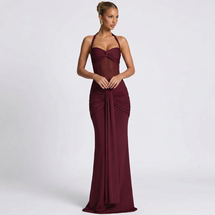 Halter Maxi Dress - Ruched Mesh Cut Out