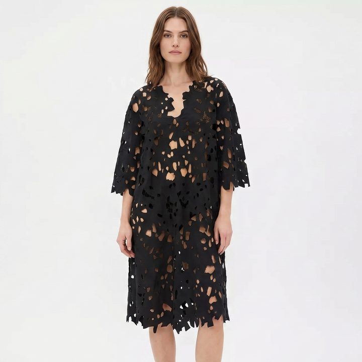 Cut Out Midi Dress - Oversized V Neck Laser