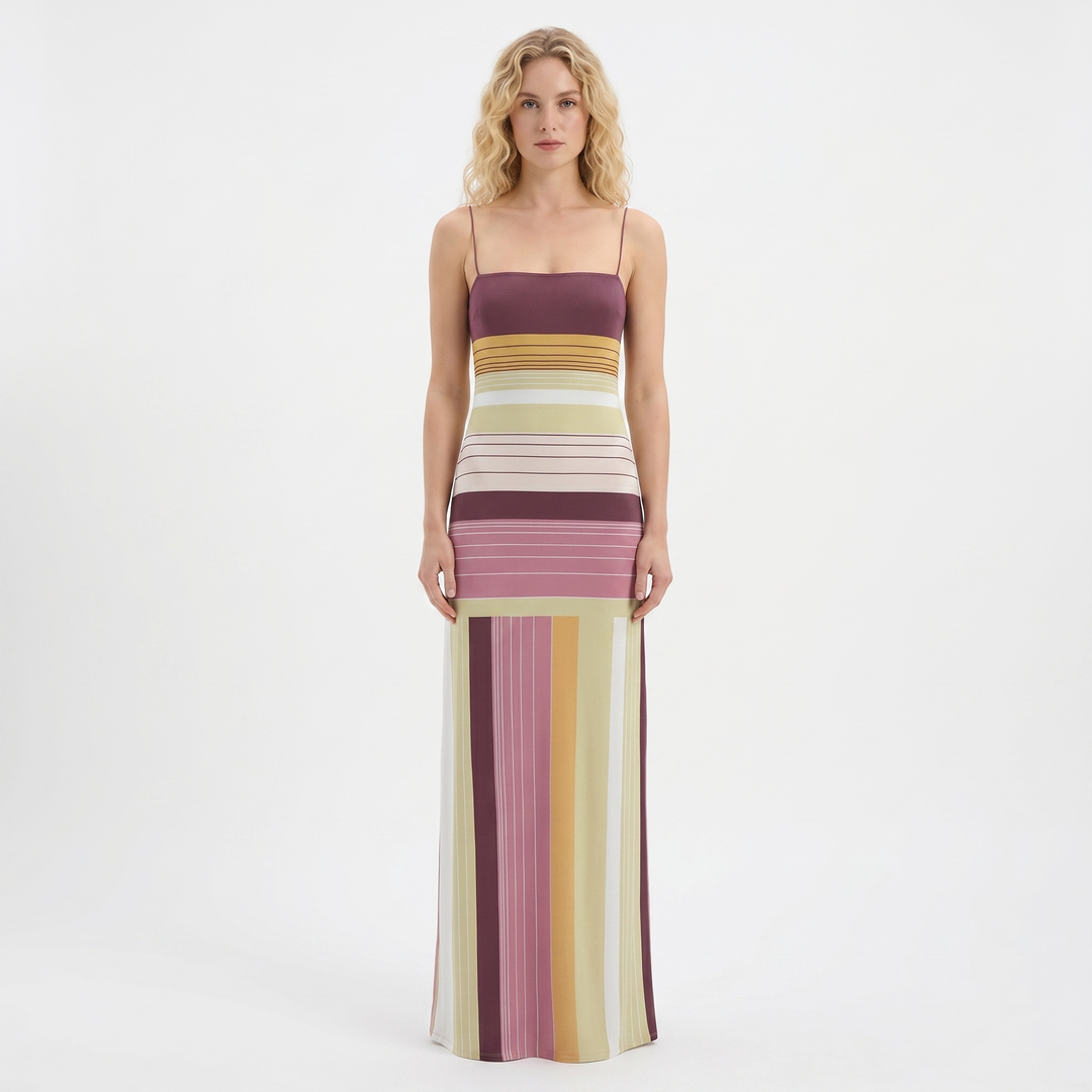 Striped Maxi Dress - Strappy Straight Neck Slip