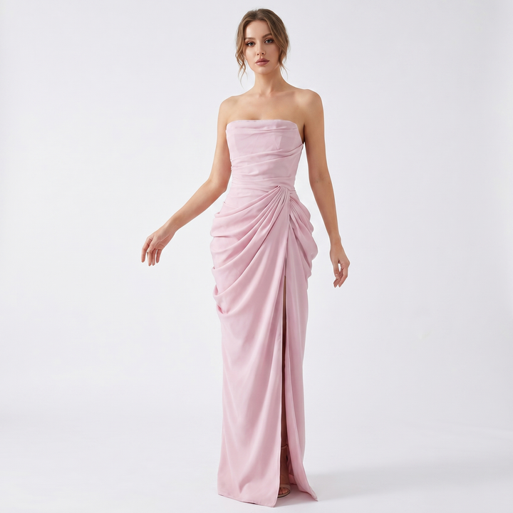 Strapless Maxi Dress - Ruched High Slit Draped