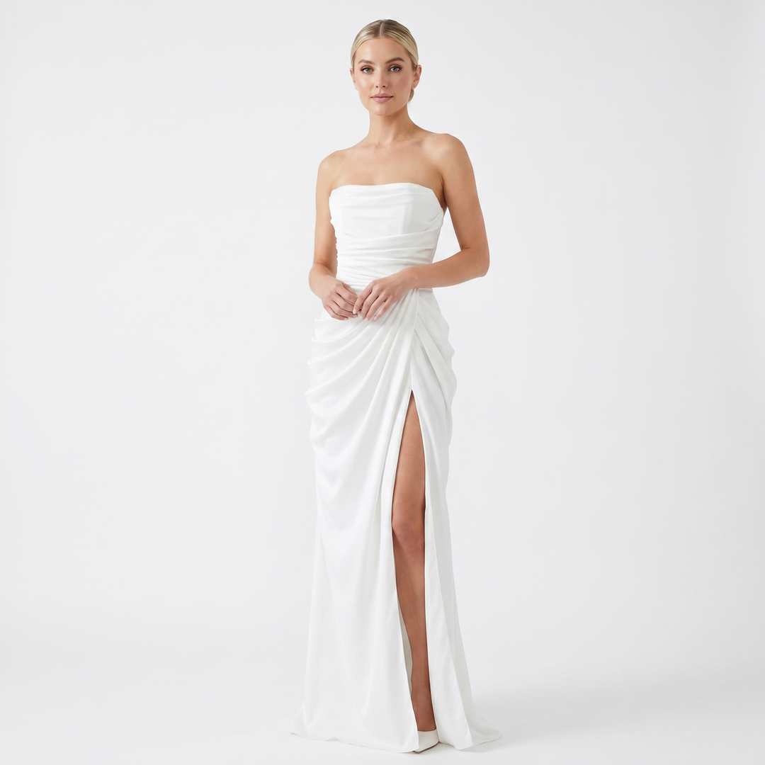 Strapless Maxi Dress - Ruched High Slit Draped